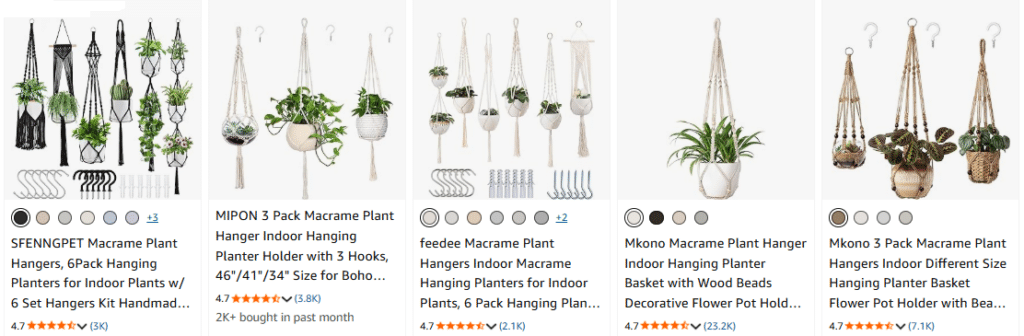 Macrame Plant Hanger, Up to 4-15 inch Pots, Wood Beads Cotton Hanging Planter Holder for Indoor Outdoor Boho Home Decor, 35 Inch, Set of 2 (Ivory)
Sponsored Ad - Hoteam 12 Pcs Macrame Plant Hangers Macrame Hanging Planters for Indoor Plants Handmade Boho Hanging Basket...
+6 other colors/patterns
Hoteam 12 Pcs Macrame Plant Hangers Macrame Hanging Planters for Indoor Plants Handmade Boho Hanging Baskets Flower Pots Holder for Outdoor Home Wall Decor
Sponsored Ad - MIPON 3 Pack Macrame Plant Hanger Indoor Hanging Planter Holder with 3 Hooks, 46"/41"/34" Size for Boho Hom...
MIPON 3 Pack Macrame Plant Hanger Indoor Hanging Planter Holder with 3 Hooks, 46"/41"/34" Size for Boho Home Decor, Ivory (Pots Not 
Sponsored Ad - LEWESU Macrame Plant Hanger Indoor Set of 2 with 4 Hooks, Indoor Outdoor Hanging Planter for Plants Holder ...
+2 other colors/patterns
LEWESU Macrame Plant Hanger Indoor Set of 2 with 4 Hooks, Indoor Outdoor Hanging Planter for Plants 5 * 20cm
Price, product page$5.99
Save 5% on 3 select item(s)
Delivery Thu, May 28
Ships to Venezuela
Only 2 left in stock - order soon.
Add to cart
HENMI 500PCS Artificial Maple Leaves 5 Assorted Mixed Fake Fall Maple Leaf Lifelike Looking Silk Autumn Leaf Garland for H...
HENMI 500PCS Artificial Maple Leaves 5 Assorted Mixed Fake Fall Maple Leaf Lifelike Looking Silk Autumn Leaf Garland for Halloween Fall Decor Party Festival Thanksgiving Table Decorations…
4.64.6 out of 5 stars (1.3K)
Price, product page$9.99 ($0.02/count)
Delivery Thu, May 28
Ships to Venezuela
Only 1 left in stock - order soon.
 Recycled materials +2 more
Add to cart
ARTKAIKE Fake Vines for Room Decor Aesthetic Artificial Plant Ivy Leaves Hanging Greenery Garlands for Home Bedroom Wall W...
ARTKAIKE Fake Vines for Room Decor Aesthetic Artificial Plant Ivy Leaves Hanging Greenery Garlands for Home Bedroom Wall Wedding Party Decor (252FT 36PCS Vines)
upsimples 10 Pack Picture Frames Collage Wall Decor for Mounting or Tabletop Display, Photo Gallery Frame Set for Family, ...
upsimples 10 Pack Picture Frames Collage Wall Decor for Mounting or Tabletop Display, Photo Gallery Frame Set for Family, Multi Sizes Including 8x10, 5x7, 4x6, Gold
4.64.6 out of 5 stars (2.3K)
AUMVEYI 60 pcs 5 Kinds Eucalyptus Stems Bulk, Artificial Silver Dollar Eucalyptus Greenery Picks, Faux Floral Branch Decor...
60 pcs 5 Kinds Eucalyptus Stems Bulk, Artificial Silver Dollar Eucalyptus Greenery Picks, Faux Floral Branch Decoration for Wedding Bouquet Arrangement Flower Centerpieces Décor