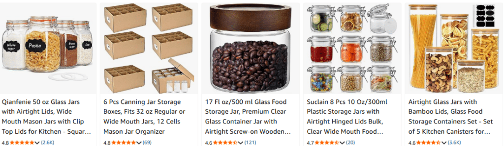 Qianfenie 50 oz Glass Jars with Airtight Lids, Wide Mouth Mason Jars with Clip Top Lids for Kitchen - 
6 Pcs Canning Jar Storage Boxes, Fits 32 oz Regular or Wide Mouth Jars, 12 Cells Mason Jar Organizer  
Suclain 8 Pcs 10 Oz/300ml Plastic Storage Jars with Airtight Hinged Lids Bulk, Clear Wide Mouth Food  
Airtight Glass Jars with Bamboo Lids, Glass Food Storage Containers Set - Set of 5 Kitchen Canisters for